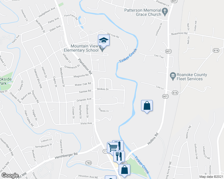 map of restaurants, bars, coffee shops, grocery stores, and more near 913 Stokes Drive in Hollins