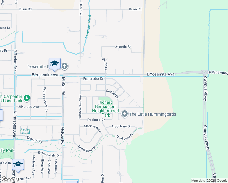 map of restaurants, bars, coffee shops, grocery stores, and more near 3784 Gabriel Drive in Merced