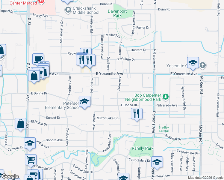 map of restaurants, bars, coffee shops, grocery stores, and more near 1145 Inspiration Point Court in Merced