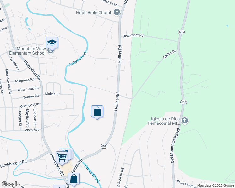 map of restaurants, bars, coffee shops, grocery stores, and more near 5253 Hollins Road in Roanoke