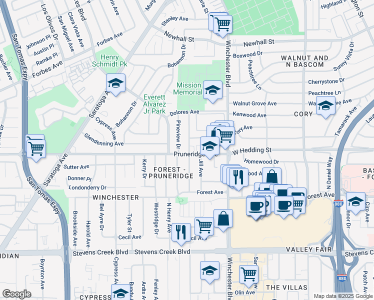 map of restaurants, bars, coffee shops, grocery stores, and more near 265 Crestview Drive in Santa Clara