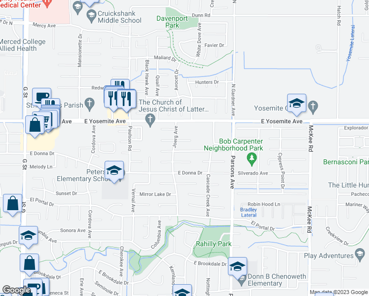 map of restaurants, bars, coffee shops, grocery stores, and more near 1235 Ahwahnee Drive in Merced