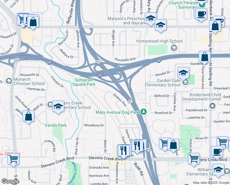 map of restaurants, bars, coffee shops, grocery stores, and more near 10530 Stokes Avenue in Cupertino