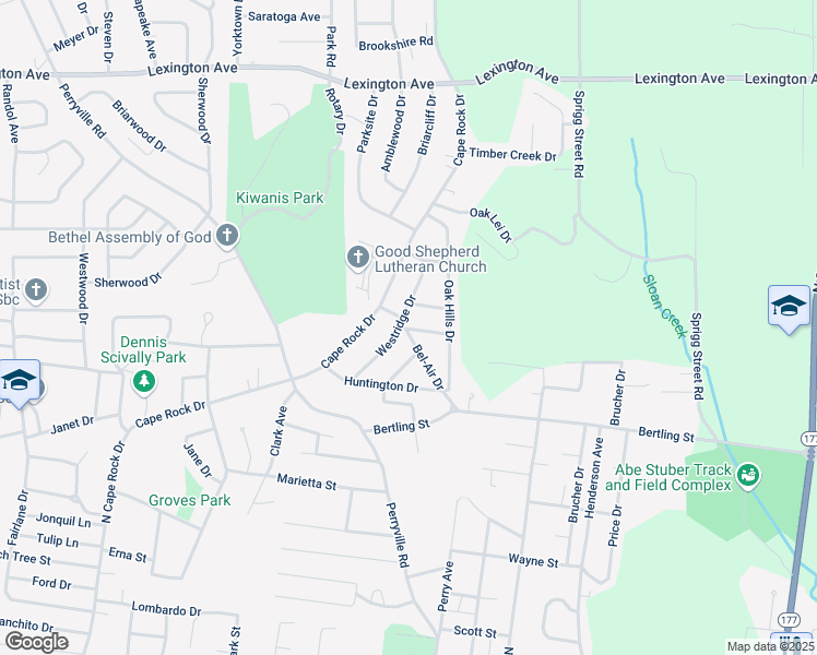 map of restaurants, bars, coffee shops, grocery stores, and more near 1908 Colonial Drive in Cape Girardeau