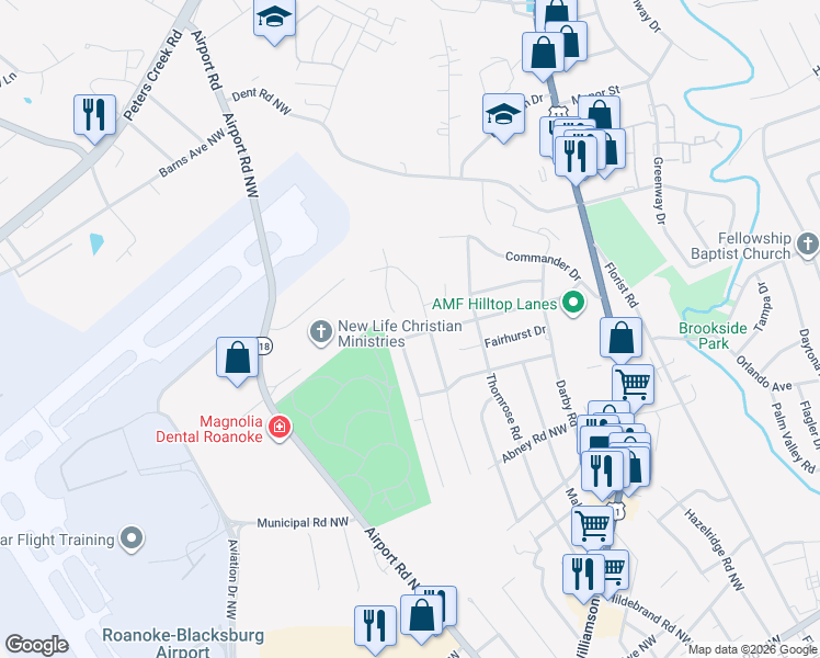 map of restaurants, bars, coffee shops, grocery stores, and more near 1099 Grove Lane in Roanoke