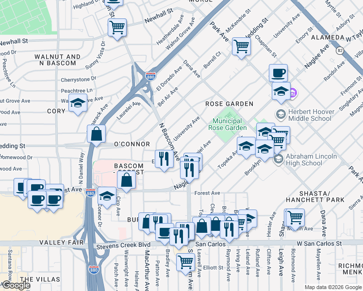 map of restaurants, bars, coffee shops, grocery stores, and more near 1929 Emory Street in San Jose