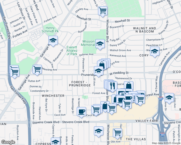 map of restaurants, bars, coffee shops, grocery stores, and more near 265 Crestview Drive in Santa Clara