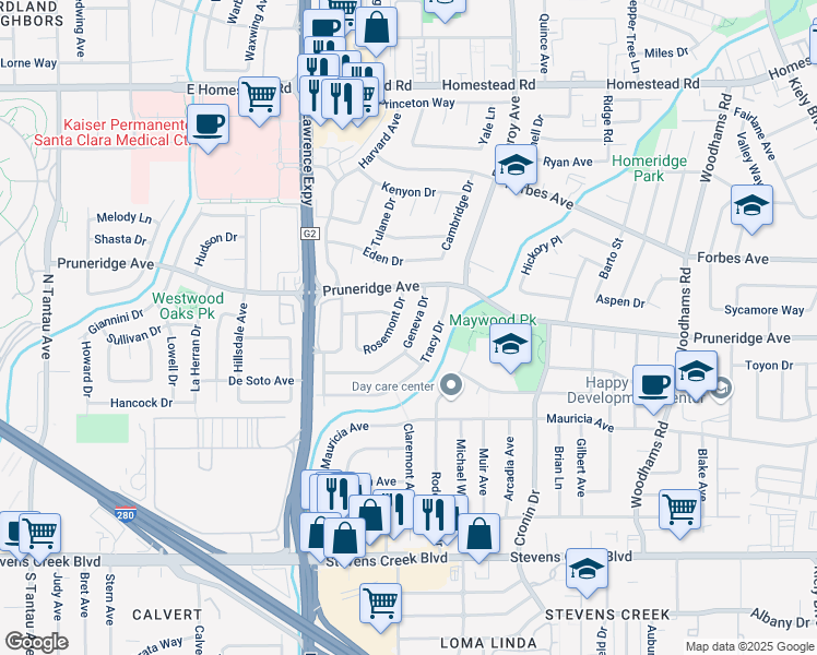 map of restaurants, bars, coffee shops, grocery stores, and more near 3343 Geneva Drive in Santa Clara