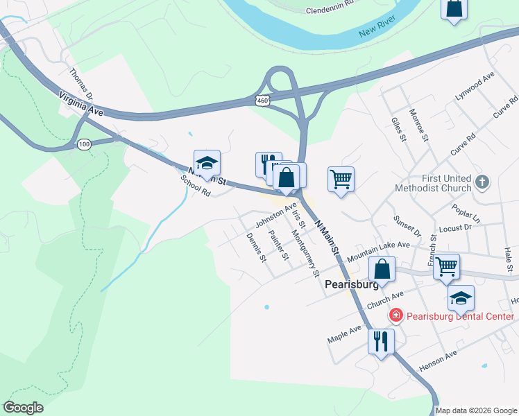 map of restaurants, bars, coffee shops, grocery stores, and more near 614 Morris Avenue in Pearisburg