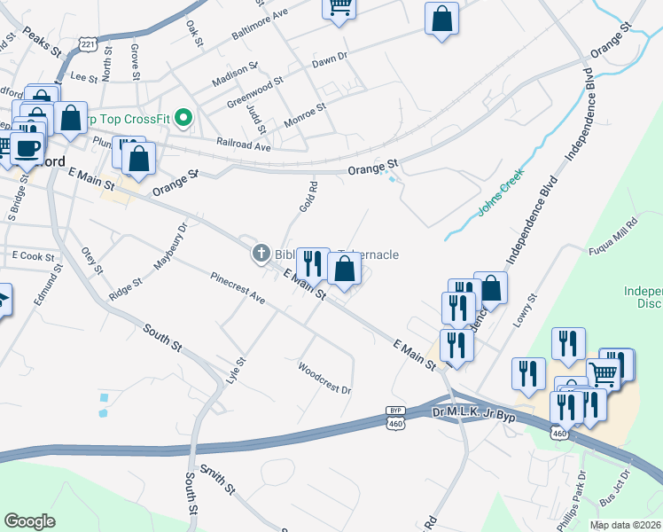 map of restaurants, bars, coffee shops, grocery stores, and more near 1021 Piedmont Street in Bedford