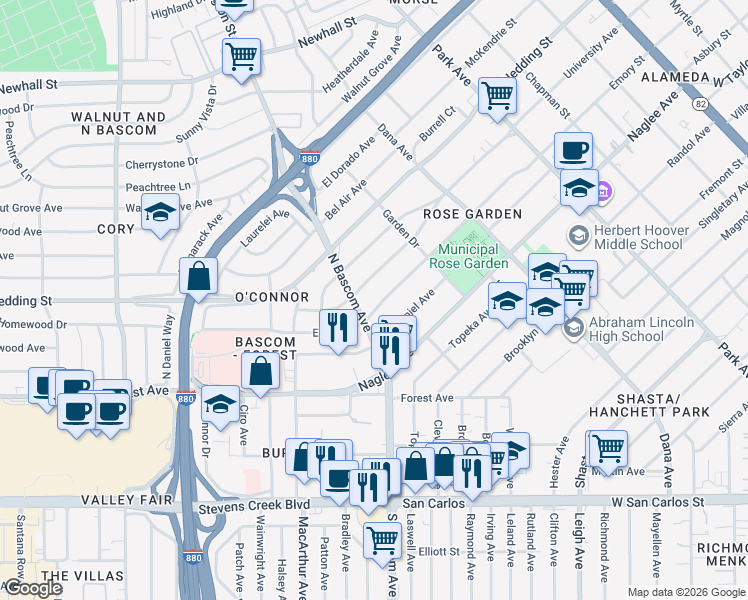 map of restaurants, bars, coffee shops, grocery stores, and more near 1929 Emory Street in San Jose