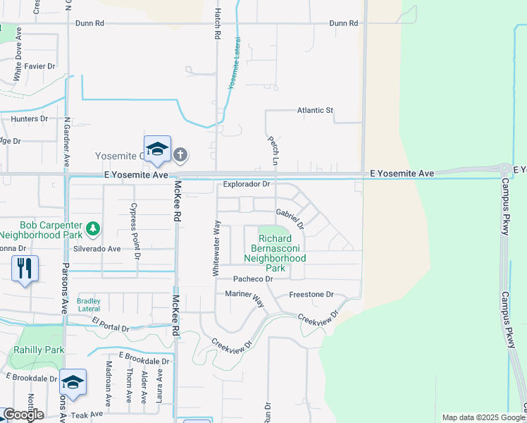 map of restaurants, bars, coffee shops, grocery stores, and more near 2355 Gabriel Drive in Merced