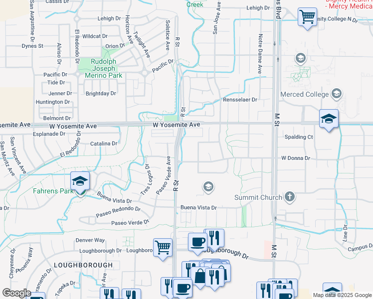 map of restaurants, bars, coffee shops, grocery stores, and more near 3460 R Street in Merced
