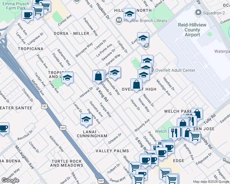 map of restaurants, bars, coffee shops, grocery stores, and more near 1907 Bermuda Way in San Jose
