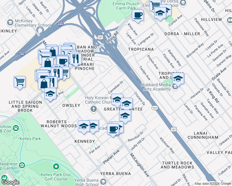 map of restaurants, bars, coffee shops, grocery stores, and more near 1379 McQuesten Drive in San Jose