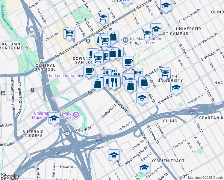 map of restaurants, bars, coffee shops, grocery stores, and more near 349 South 1st Street in San Jose