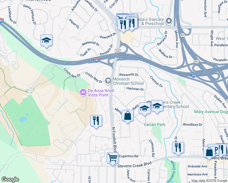 map of restaurants, bars, coffee shops, grocery stores, and more near 22486 Linda Ann Court in Cupertino