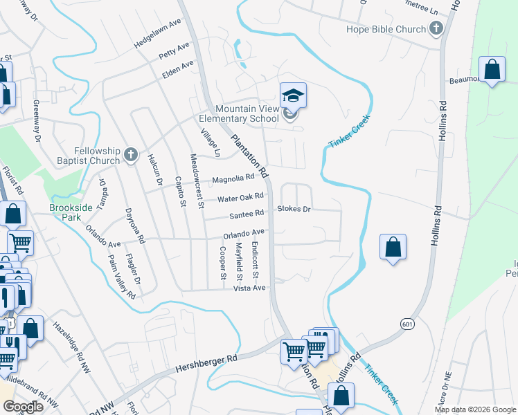 map of restaurants, bars, coffee shops, grocery stores, and more near 631 Water Oak Road in Hollins