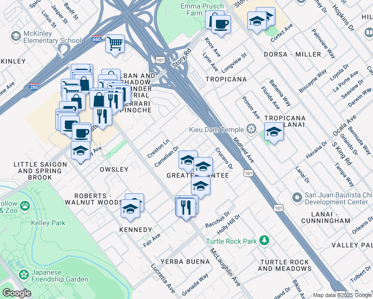 map of restaurants, bars, coffee shops, grocery stores, and more near 1379 McQuesten Drive in San Jose
