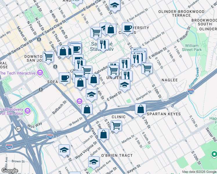 map of restaurants, bars, coffee shops, grocery stores, and more near 526 South 5th Street in San Jose