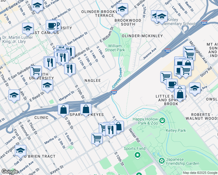 map of restaurants, bars, coffee shops, grocery stores, and more near 654 Woodland Terrace in San Jose