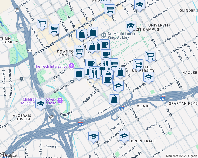 map of restaurants, bars, coffee shops, grocery stores, and more near 396 South 1st Street in San Jose