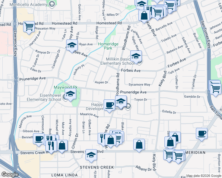 map of restaurants, bars, coffee shops, grocery stores, and more near 3041 Pruneridge Avenue in Santa Clara