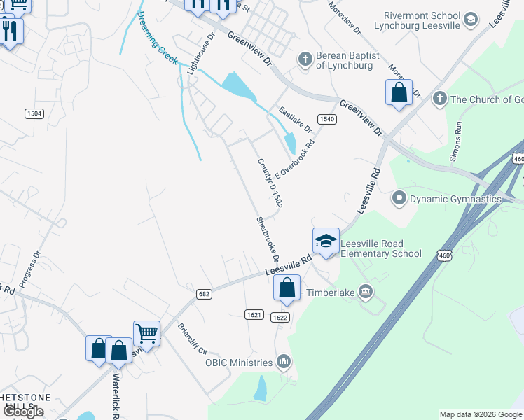 map of restaurants, bars, coffee shops, grocery stores, and more near 209 Sherbrooke Drive in Lynchburg