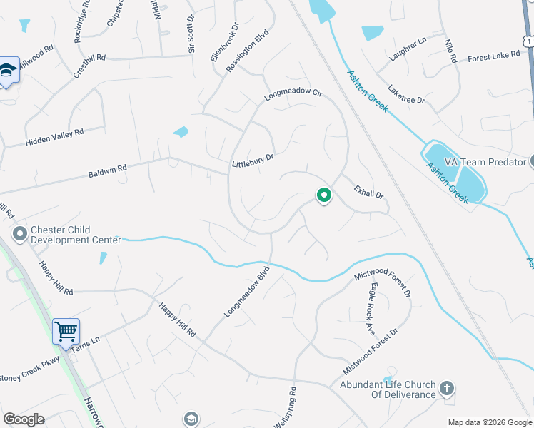 map of restaurants, bars, coffee shops, grocery stores, and more near 3100 Appleford Drive in Chester