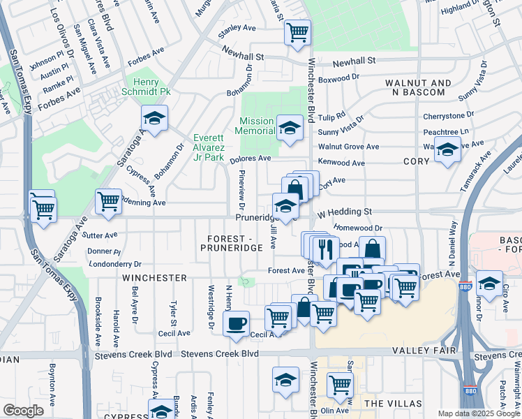 map of restaurants, bars, coffee shops, grocery stores, and more near 265 Crestview Drive in Santa Clara