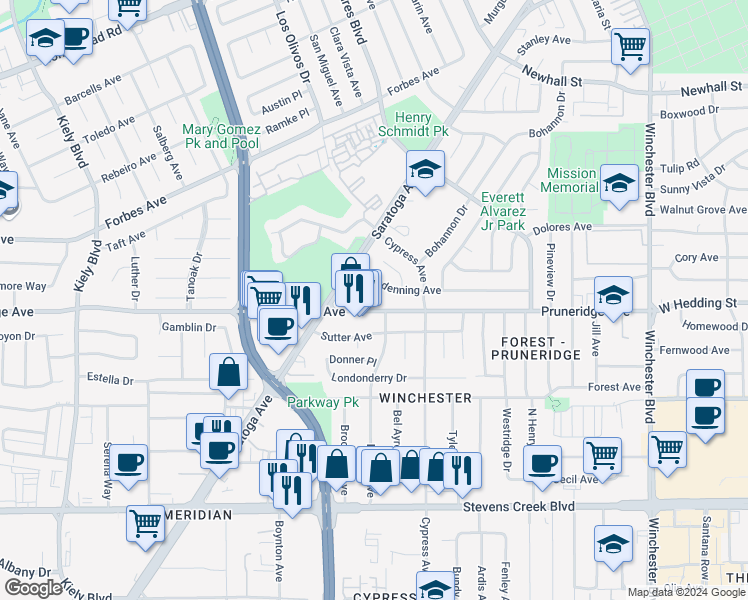 map of restaurants, bars, coffee shops, grocery stores, and more near 2327 Pruneridge Avenue in Santa Clara