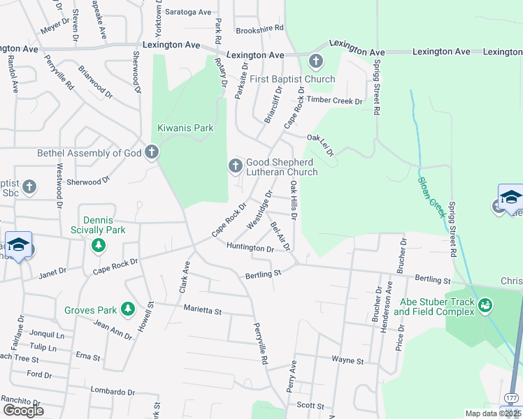 map of restaurants, bars, coffee shops, grocery stores, and more near 1798 Westridge Drive in Cape Girardeau