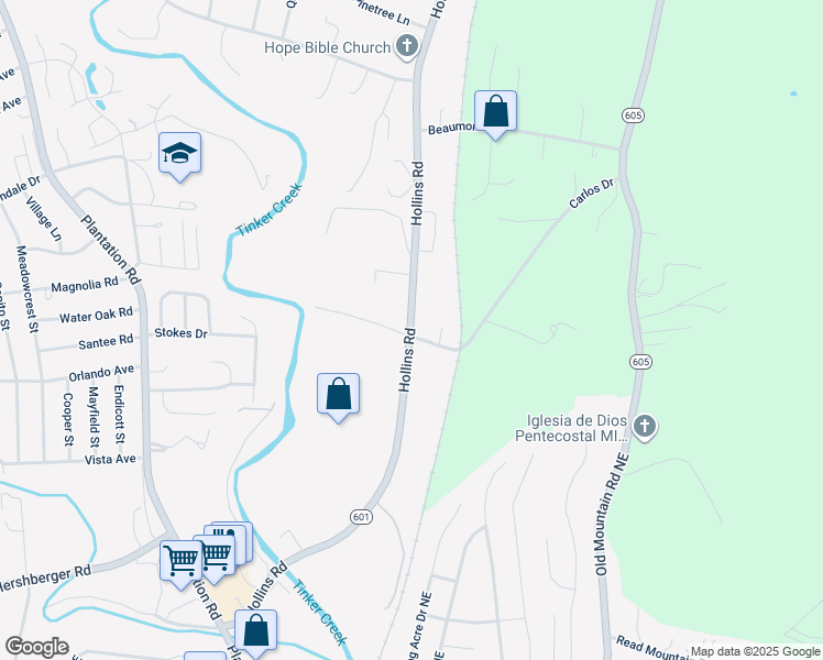 map of restaurants, bars, coffee shops, grocery stores, and more near 5253 Hollins Road in Roanoke
