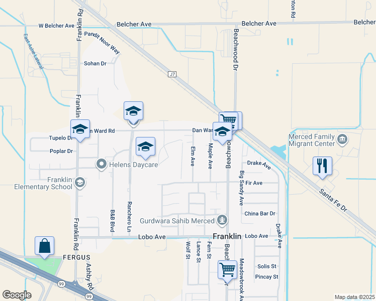 map of restaurants, bars, coffee shops, grocery stores, and more near 2923 Elm Avenue in Merced