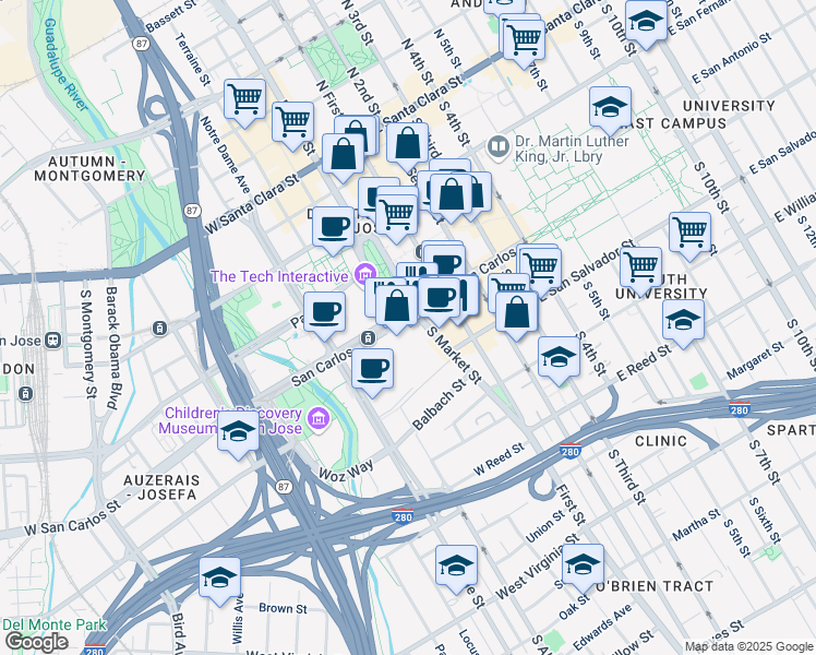 map of restaurants, bars, coffee shops, grocery stores, and more near 100 West San Carlos Street in San Jose
