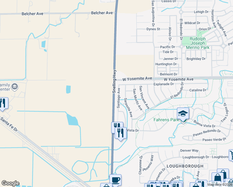 map of restaurants, bars, coffee shops, grocery stores, and more near 3583 Santiago Avenue in Merced