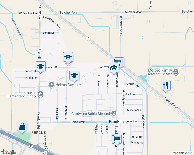 map of restaurants, bars, coffee shops, grocery stores, and more near 2923 Elm Avenue in Merced