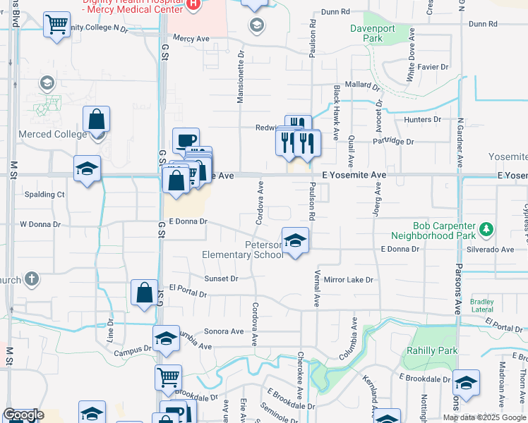 map of restaurants, bars, coffee shops, grocery stores, and more near 3584 Gateway Place in Merced