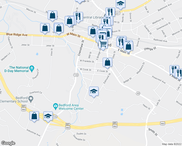 map of restaurants, bars, coffee shops, grocery stores, and more near 610 West Federal Street in Bedford