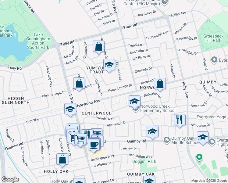 map of restaurants, bars, coffee shops, grocery stores, and more near 3136 Peanut Brittle Drive in San Jose