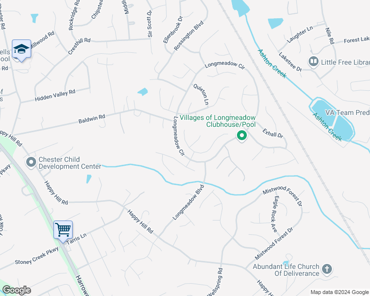 map of restaurants, bars, coffee shops, grocery stores, and more near 3301 Appleford Drive in Chester