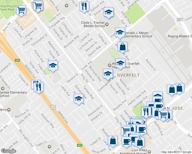 map of restaurants, bars, coffee shops, grocery stores, and more near 1907 Bermuda Way in San Jose