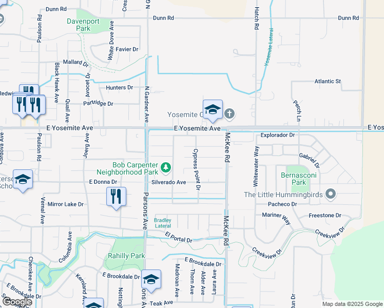 map of restaurants, bars, coffee shops, grocery stores, and more near 1995 Augusta Court in Merced