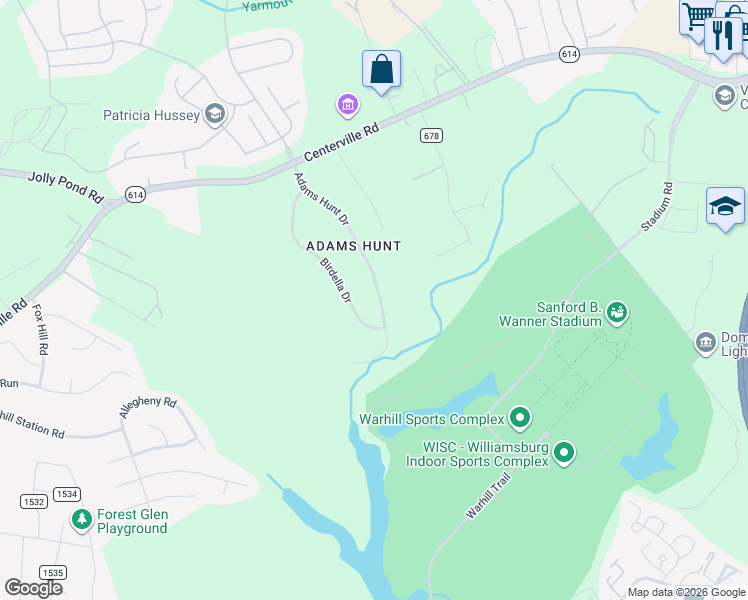 map of restaurants, bars, coffee shops, grocery stores, and more near 6272 Adams Hunt Drive in Williamsburg