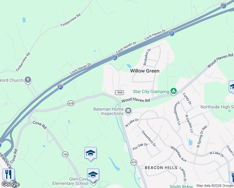 map of restaurants, bars, coffee shops, grocery stores, and more near 3316 Green Ridge Court in Roanoke