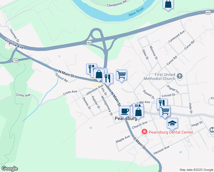 map of restaurants, bars, coffee shops, grocery stores, and more near 460 Virginia 100 in Pearisburg