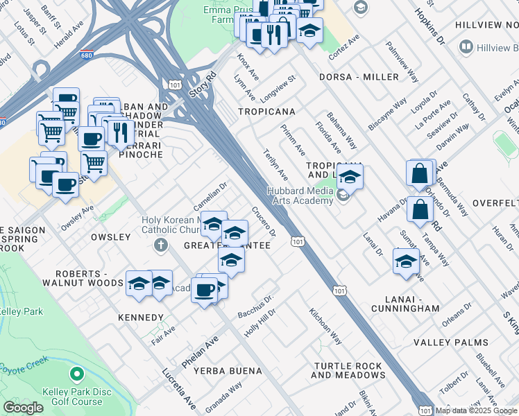map of restaurants, bars, coffee shops, grocery stores, and more near 1582 Crucero Drive in San Jose