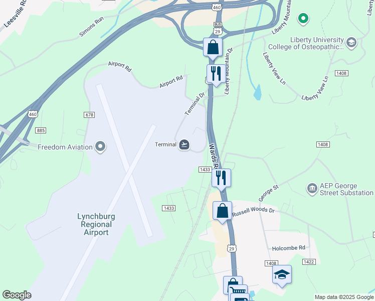 map of restaurants, bars, coffee shops, grocery stores, and more near 350 Terminal Drive in Lynchburg