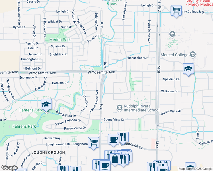 map of restaurants, bars, coffee shops, grocery stores, and more near 3460 R Street in Merced