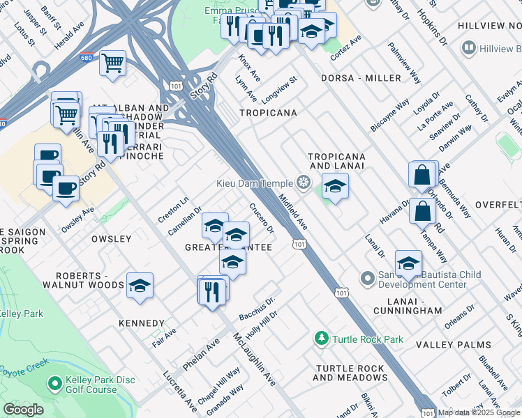map of restaurants, bars, coffee shops, grocery stores, and more near 1582 Crucero Drive in San Jose